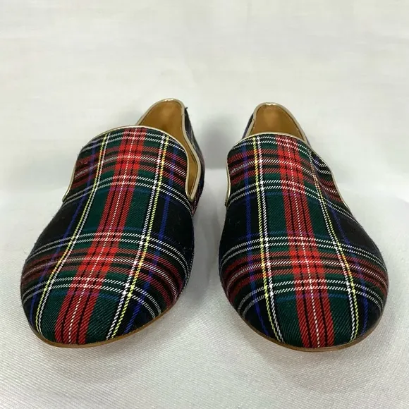J. Crew Plaid Smoking Loafers Stewart Tartan Black Red Sz 10.5 Flats Slip-on