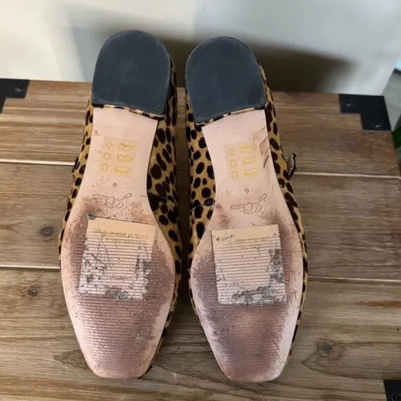 J. Crew Sally Calf Hair Leopard Print Double Strap Mary Jane Ballet Flats Size 6