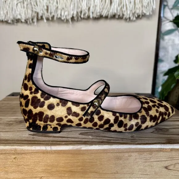 J. Crew Sally Calf Hair Leopard Print Double Strap Mary Jane Ballet Flats Size 6