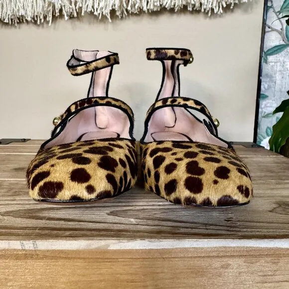 J. Crew Sally Calf Hair Leopard Print Double Strap Mary Jane Ballet Flats Size 6