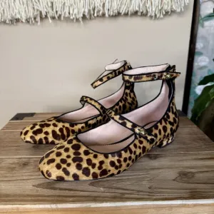 J. Crew Sally Calf Hair Leopard Print Double Strap Mary Jane Ballet Flats Size 6