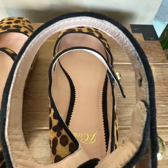 J. Crew Sally Calf Hair Leopard Print Double Strap Mary Jane Ballet Flats Size 6