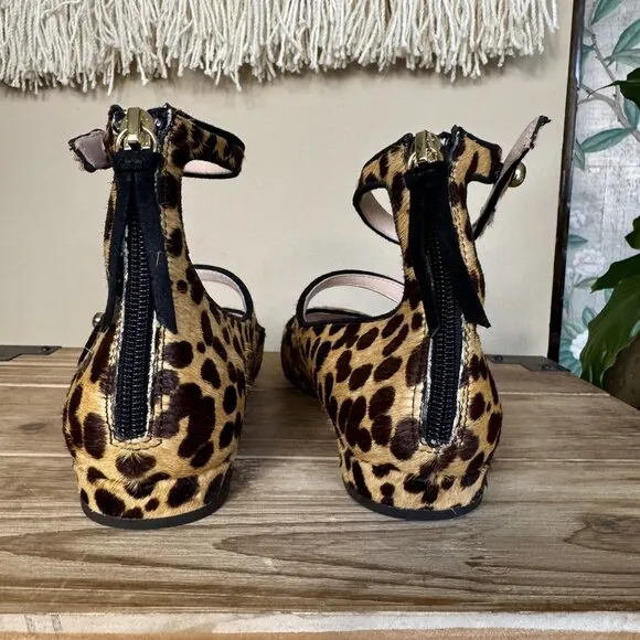 J. Crew Sally Calf Hair Leopard Print Double Strap Mary Jane Ballet Flats Size 6