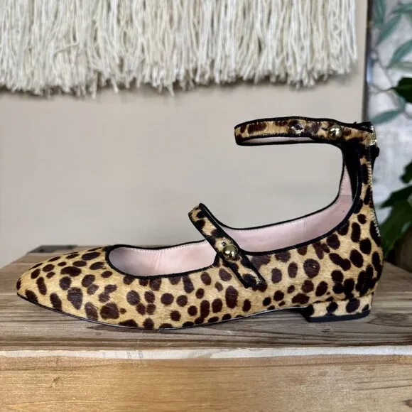J. Crew Sally Calf Hair Leopard Print Double Strap Mary Jane Ballet Flats Size 6