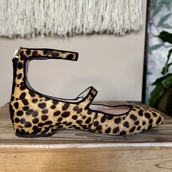 J. Crew Sally Calf Hair Leopard Print Double Strap Mary Jane Ballet Flats Size 6