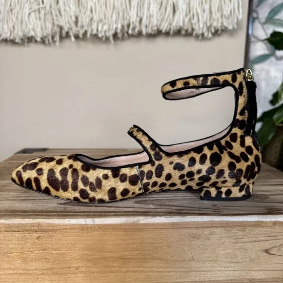J. Crew Sally Calf Hair Leopard Print Double Strap Mary Jane Ballet Flats Size 6