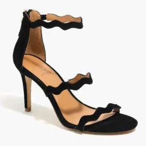 J. Crew Three-strap Scalloped Black Suede Heels Pumps Size 8.5