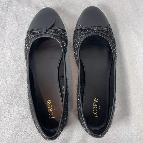 J Crew Women Striped Print Cap Toe Bow Tie Slip-On Textured Flats Black Size 8.5