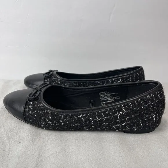 J Crew Women Striped Print Cap Toe Bow Tie Slip-On Textured Flats Black Size 8.5