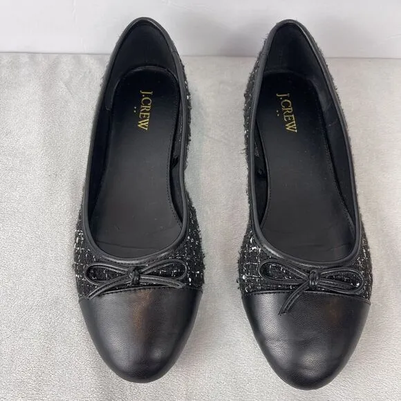 J Crew Women Striped Print Cap Toe Bow Tie Slip-On Textured Flats Black Size 8.5