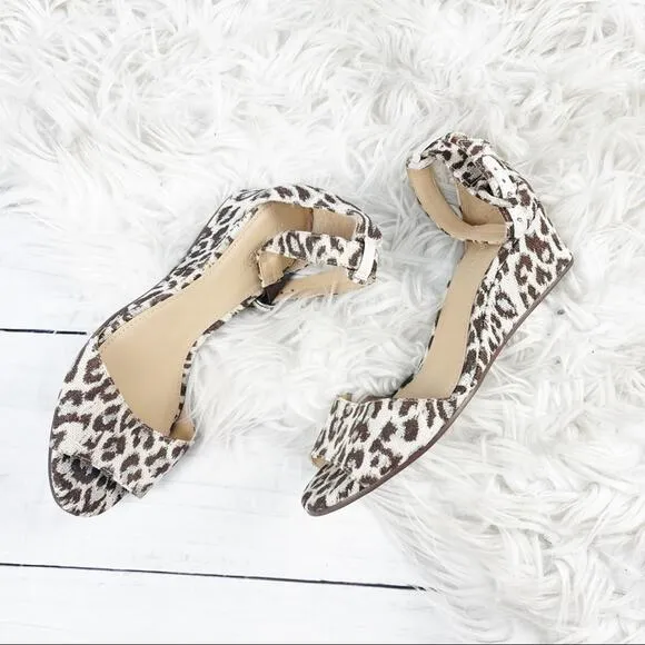 J. Crew Women's Laila Leather Lining Leopard Wedge Ankle Strap Sandals Size 6.5