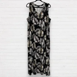 J JILL Wherever Sleeveless V-Neck Maxi Dress Black Beige Leaf Print Pattern XL