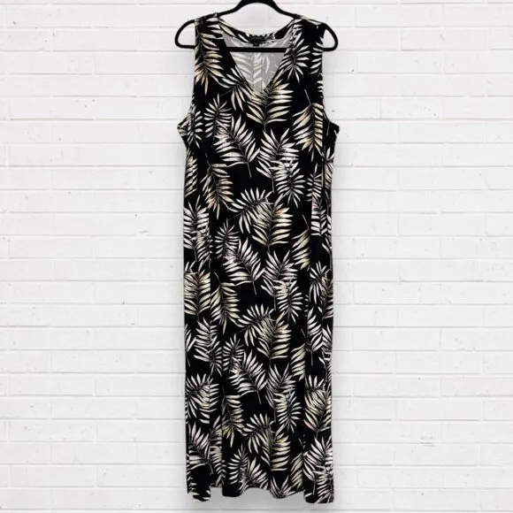 J JILL Wherever Sleeveless V-Neck Maxi Dress Black Beige Leaf Print Pattern XL