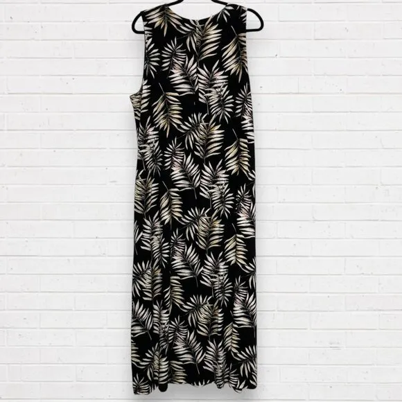 J JILL Wherever Sleeveless V-Neck Maxi Dress Black Beige Leaf Print Pattern XL