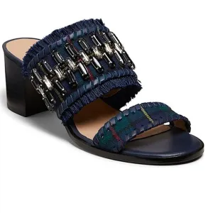 Jack Rogers Beatrix Bejeweled Block Heel Sandal Plaid Navy Green Size 9 New