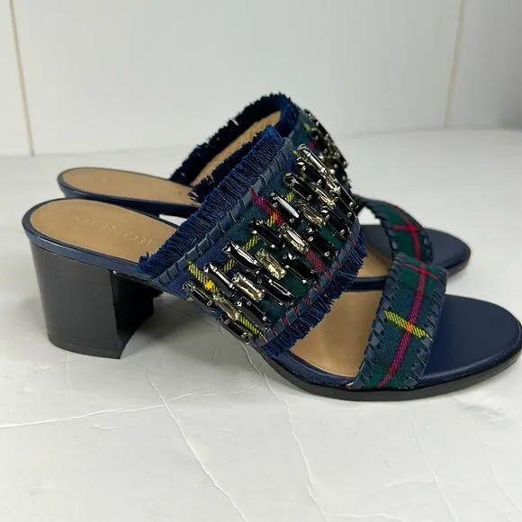 Jack Rogers Beatrix Bejeweled Block Heel Sandal Plaid Navy Green Size 9 New
