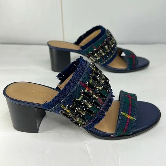 Jack Rogers Beatrix Bejeweled Block Heel Sandal Plaid Navy Green Size 9 New