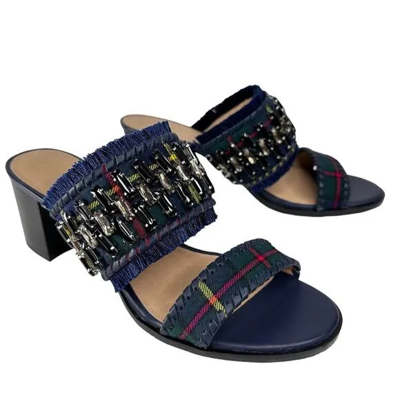 Jack Rogers Beatrix Bejeweled Block Heel Sandal Plaid Navy Green Size 9 New