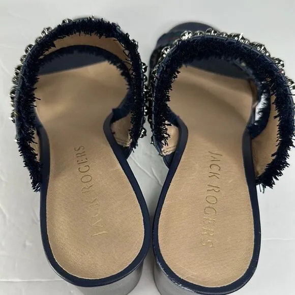 Jack Rogers Beatrix Bejeweled Block Heel Sandal Plaid Navy Green Size 9 New