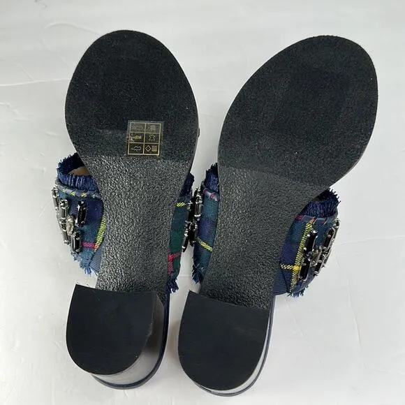 Jack Rogers Beatrix Bejeweled Block Heel Sandal Plaid Navy Green Size 9 New