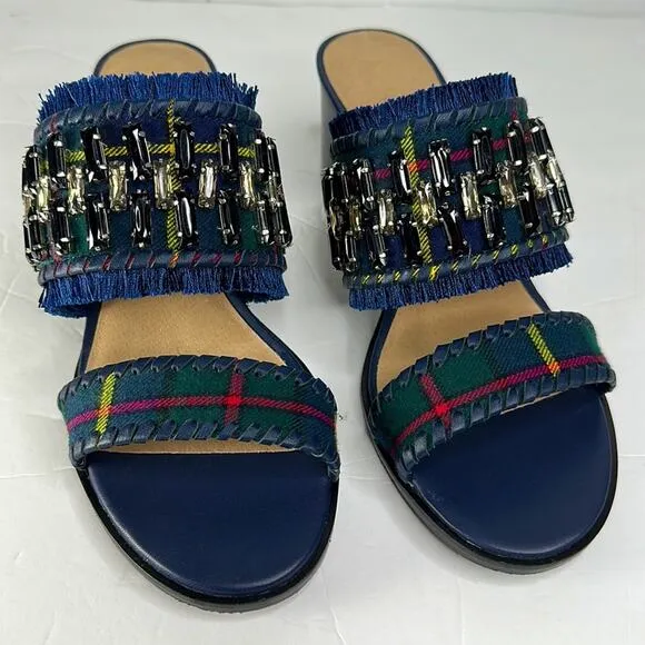 Jack Rogers Beatrix Bejeweled Block Heel Sandal Plaid Navy Green Size 9 New
