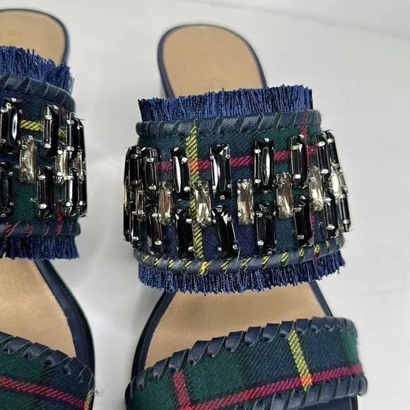 Jack Rogers Beatrix Bejeweled Block Heel Sandal Plaid Navy Green Size 9 New