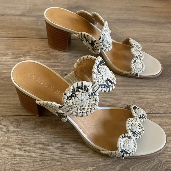 Jack Rogers | Lauren Mid-Heel Snake-Print Slide Sandals | Size 8.5