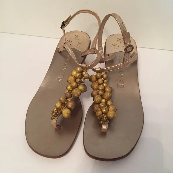 JACK ROGERS SHOES SANDALS GOLD LEATHER BEADS THONG LOW HEEL Size 7.5 M