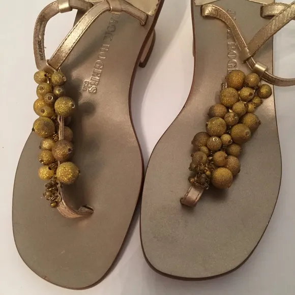 JACK ROGERS SHOES SANDALS GOLD LEATHER BEADS THONG LOW HEEL Size 7.5 M