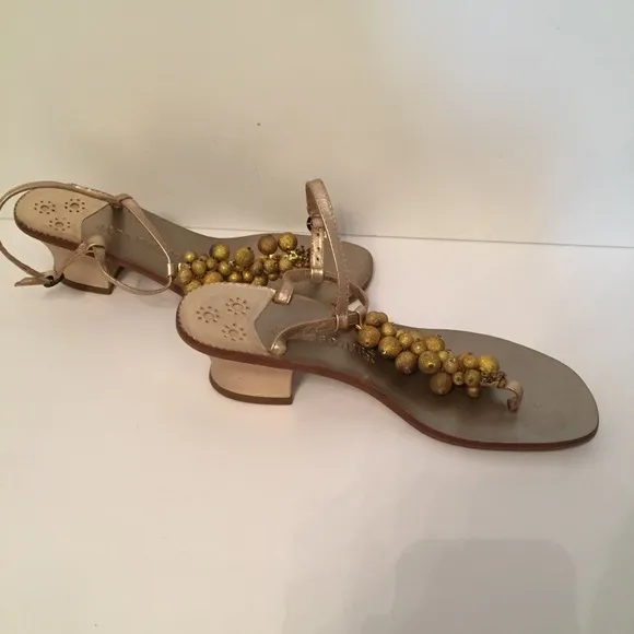 JACK ROGERS SHOES SANDALS GOLD LEATHER BEADS THONG LOW HEEL Size 7.5 M