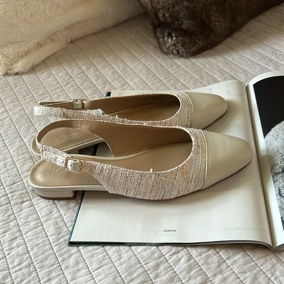 J.Crew Tweed slingbacks flats with cap toe 9 women’s cream neutral classic