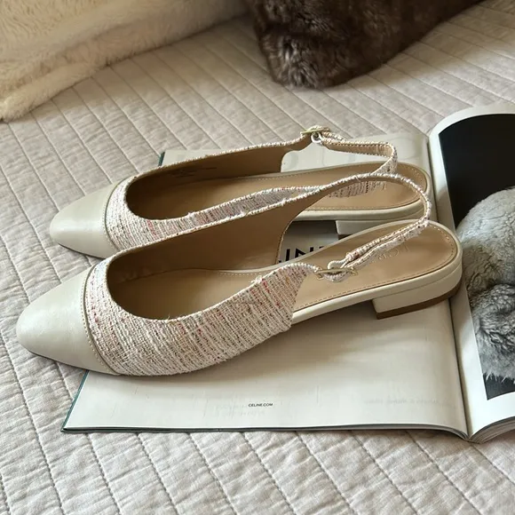 J.Crew Tweed slingbacks flats with cap toe 9 women’s cream neutral classic