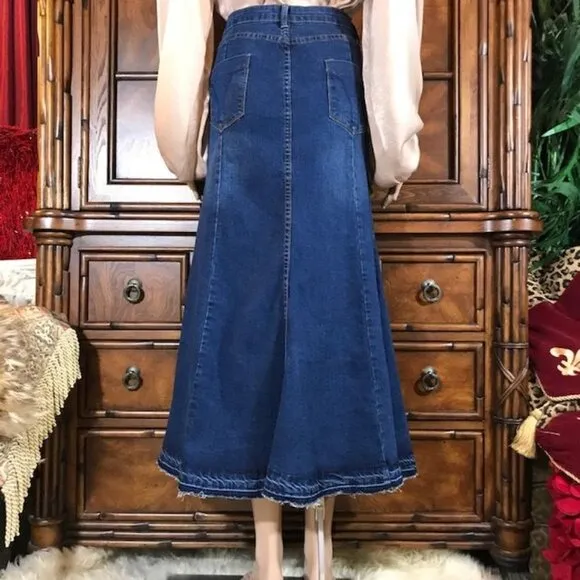 Jeans New. 1988 Button Front Raw Hem Fishtail Stretch Cotton Denim Maxi Skirt