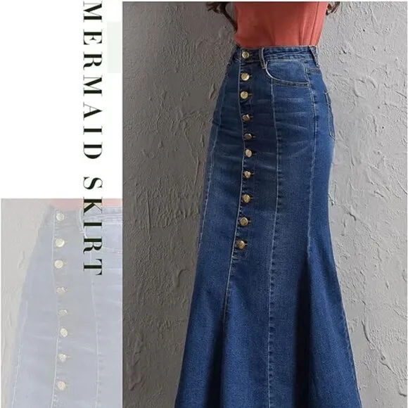 Jeans New. 1988 Button Front Raw Hem Fishtail Stretch Cotton Denim Maxi Skirt