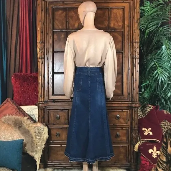 Jeans New. 1988 Button Front Raw Hem Fishtail Stretch Cotton Denim Maxi Skirt