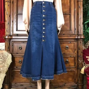 Jeans New. 1988 Button Front Raw Hem Fishtail Stretch Cotton Denim Maxi Skirt