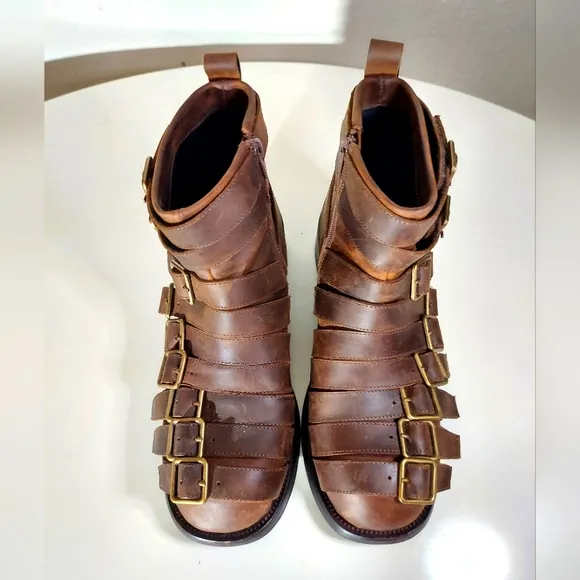 Jeffrey Campbell Belted Up Brown Leather Distressed Ankle Boots Women's Size 9.5