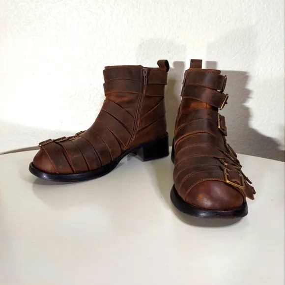 Jeffrey Campbell Belted Up Brown Leather Distressed Ankle Boots Women's Size 9.5