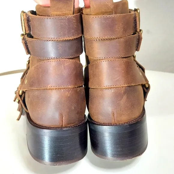 Jeffrey Campbell Belted Up Brown Leather Distressed Ankle Boots Women's Size 9.5