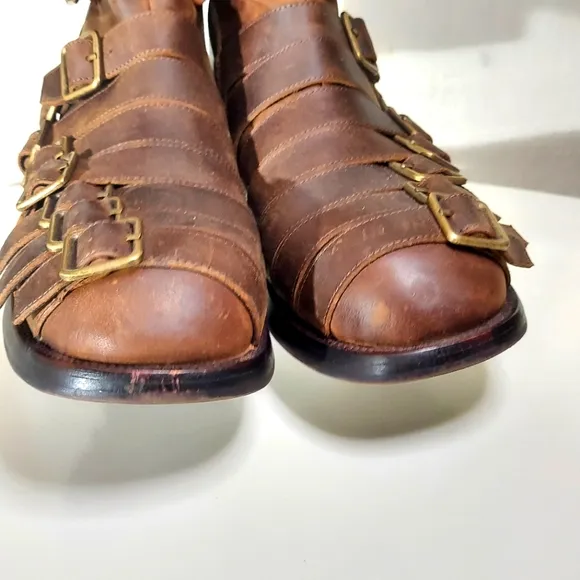 Jeffrey Campbell Belted Up Brown Leather Distressed Ankle Boots Women's Size 9.5