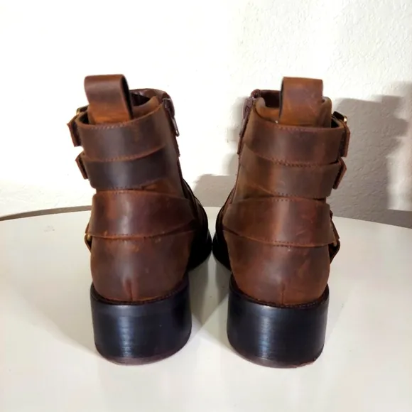 Jeffrey Campbell Belted Up Brown Leather Distressed Ankle Boots Women's Size 9.5