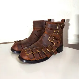 Jeffrey Campbell Belted Up Brown Leather Distressed Ankle Boots Women's Size 9.5