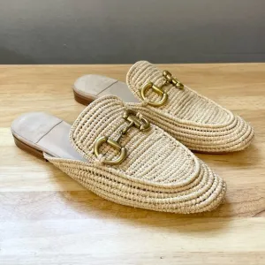 Jeffrey Campbell Woven Mules Boho Loafers Size 6.5 Cream Neutral Gold Detail