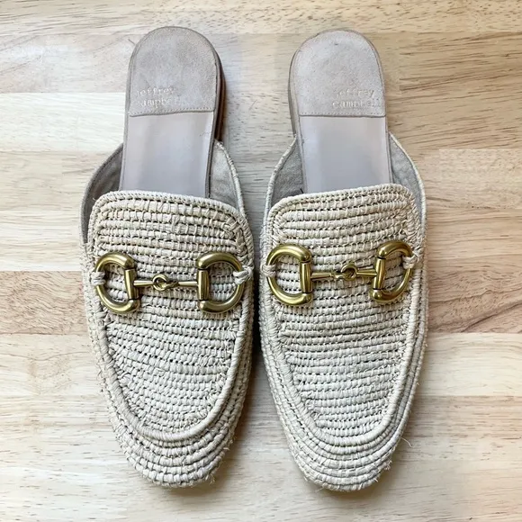 Jeffrey Campbell Woven Mules Boho Loafers Size 6.5 Cream Neutral Gold Detail