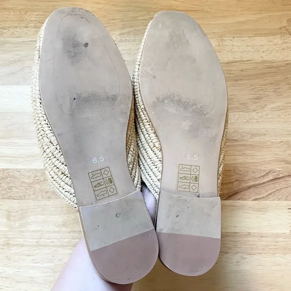 Jeffrey Campbell Woven Mules Boho Loafers Size 6.5 Cream Neutral Gold Detail