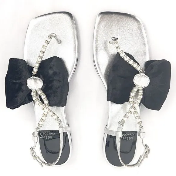 Jeffrey Campbell BONHEUR Black Bow Silver Leather Pearl T-bar Sandals 8.5