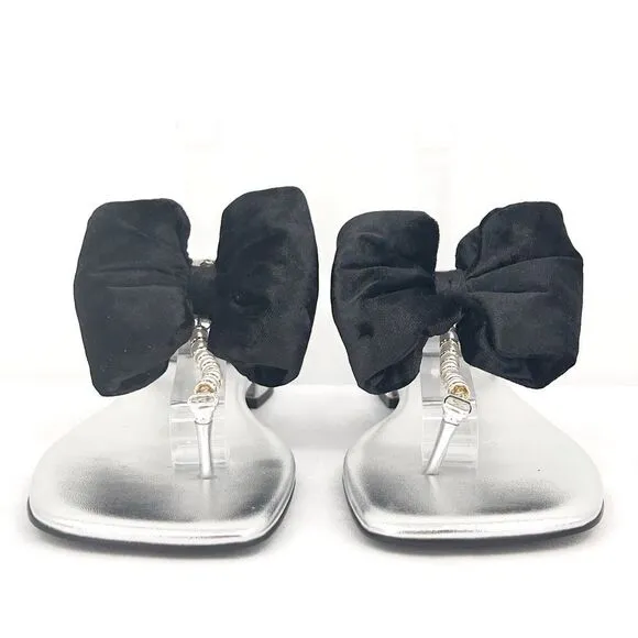 Jeffrey Campbell BONHEUR Black Bow Silver Leather Pearl T-bar Sandals 8.5