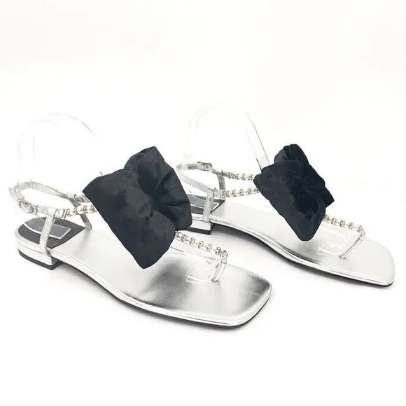 Jeffrey Campbell BONHEUR Black Bow Silver Leather Pearl T-bar Sandals 8.5