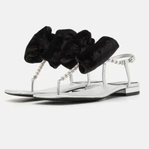 Jeffrey Campbell BONHEUR Black Bow Silver Leather Pearl T-bar Sandals 8.5