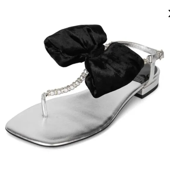 Jeffrey Campbell BONHEUR Black Bow Silver Leather Pearl T-bar Sandals 8.5